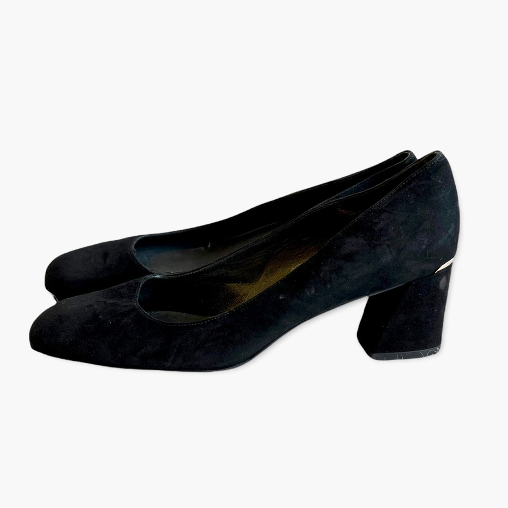 Stuart Weitzman Black Suede Leather Block-Heel Pumps Gold Logo at Ankle Sz 7.5